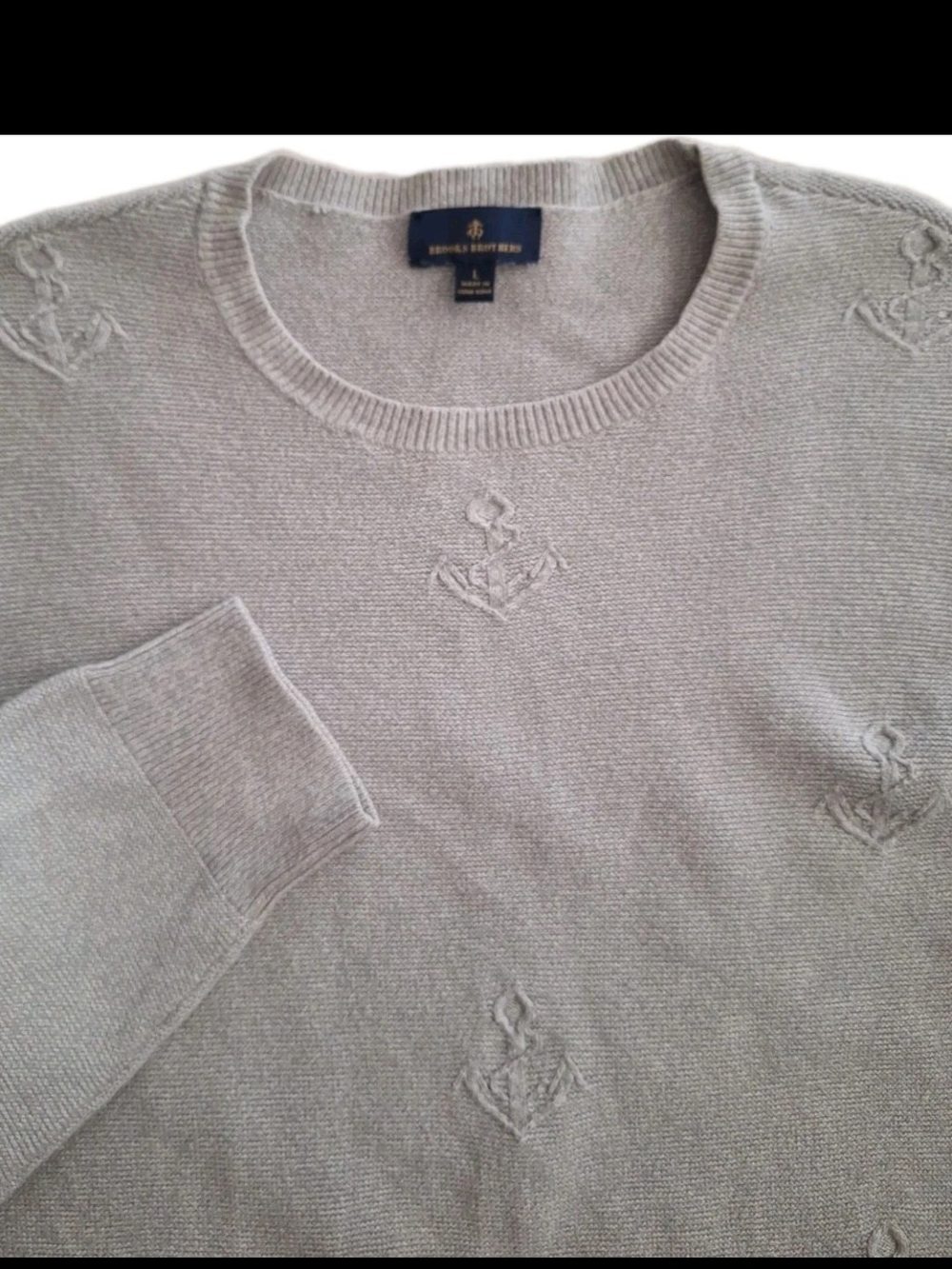 Brooks Brothers Men's Gray Crewneck Jumper Knit Sweater Raised Anchor Pattern L